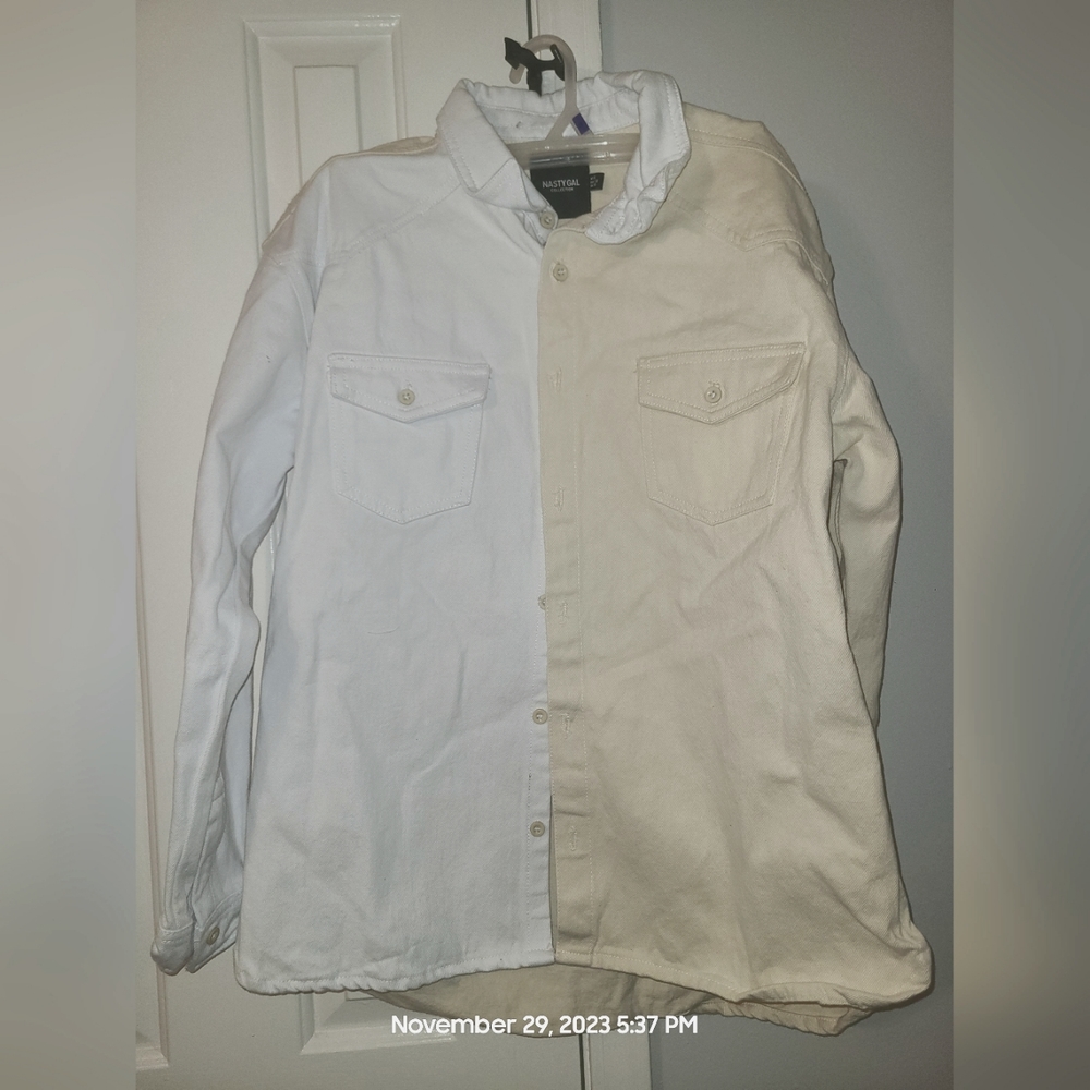 Nasty Gal Collection We're in two minds denim shirt in Tan/White